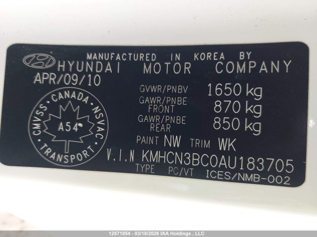 Продаж на аукціоні авто 2010 Hyundai Accent Gl, vin: KMHCN3BC0AU183705, номер лоту: 12571854