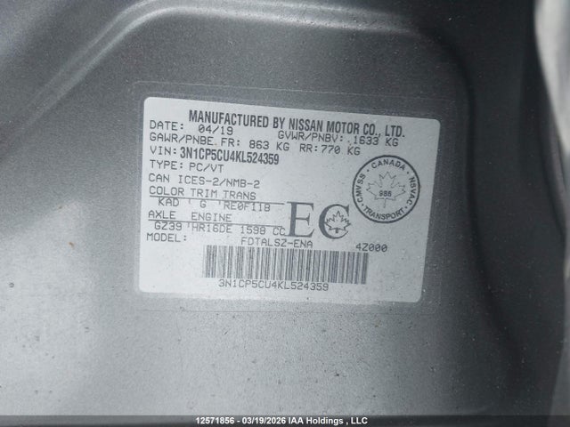 3N1CP5CU4KL524359 Nissan Kicks S/sr/sv