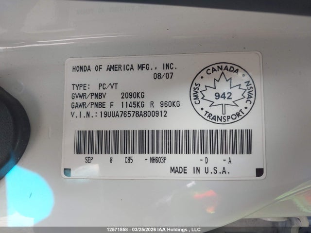 12571858 :رقم المزاد ، 19UUA76578A800912 vin ، 2008 Acura Tl Type S مزاد بيع