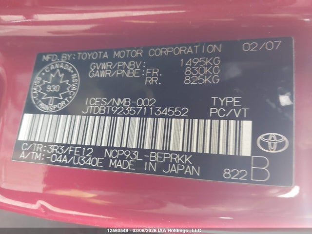 12560549 :رقم المزاد ، JTDBT923571134552 vin ، 2007 Toyota Yaris مزاد بيع