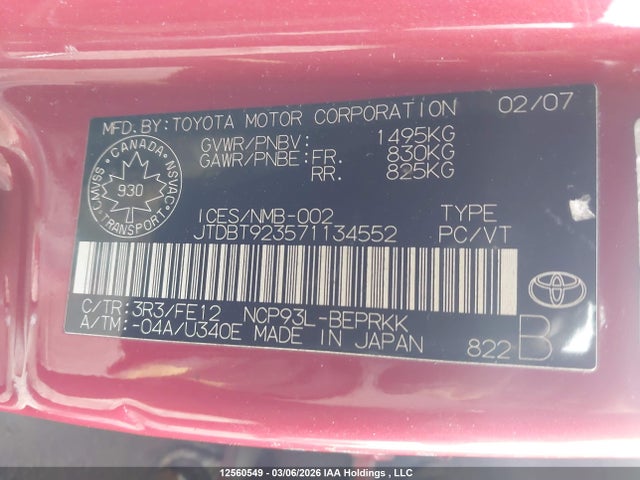 12560549 :رقم المزاد ، JTDBT923571134552 vin ، 2007 Toyota Yaris مزاد بيع