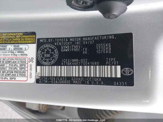 Aukcja sprzedaży 2007 Toyota Camry Le V6/se V6/xle V6, vin: 4T1BK46K77U041680, numer aukcji: 12567778