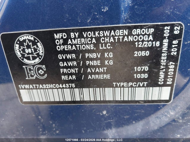12571866 :رقم المزاد ، 1VWAT7A32HC044375 vin ، 2017 Volkswagen Passat 1.8 Tsi Trendline+ مزاد بيع