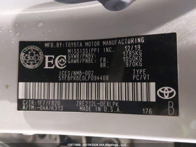 12571868 :رقم المزاد ، 5YFBPRBE0LP094408 vin ، 2020 Toyota Corolla Le مزاد بيع
