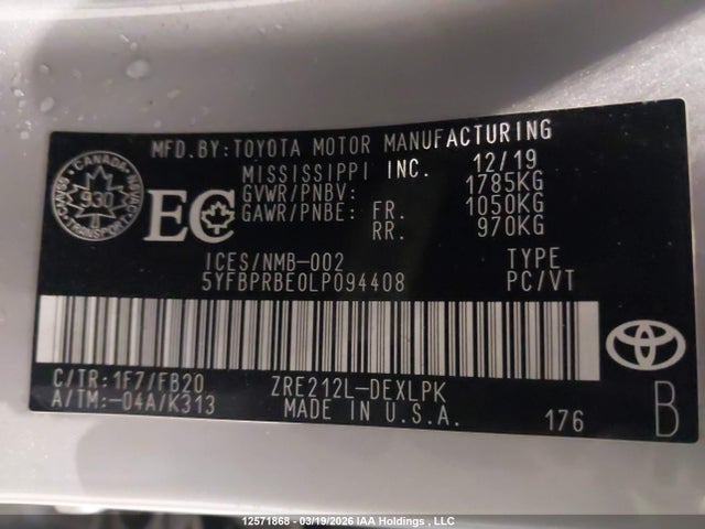 12571868 :رقم المزاد ، 5YFBPRBE0LP094408 vin ، 2020 Toyota Corolla Le مزاد بيع