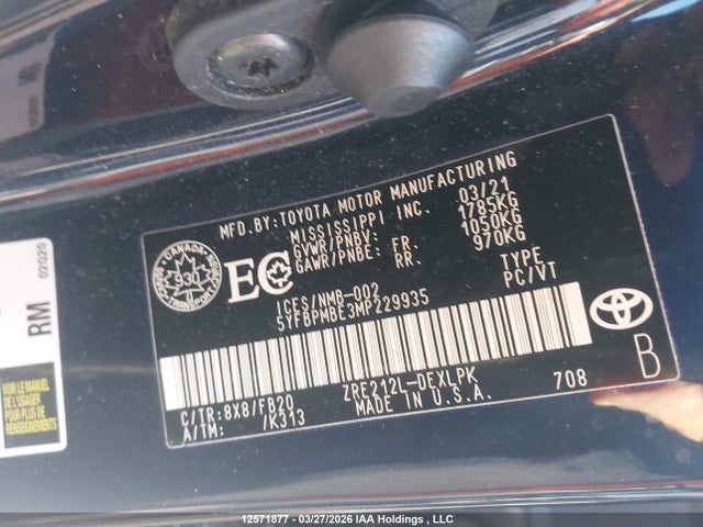 5YFBPMBE3MP229935 Toyota COROLLA LE