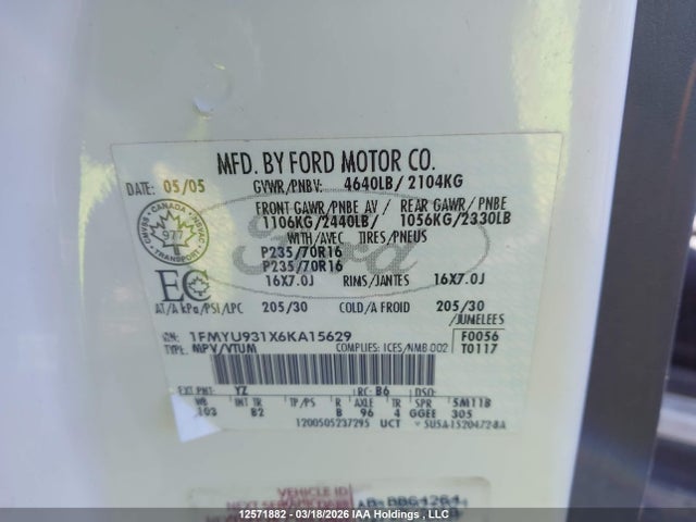 Продажа на аукционе авто 2006 Ford Escape Xlt, vin: 1FMYU931X6KA15629, номер лота: 12571882