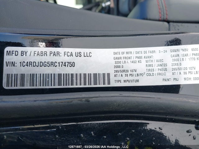 12571887 :رقم المزاد ، 1C4RDJDG5RC174750 vin ، 2024 Dodge Durango Gt مزاد بيع