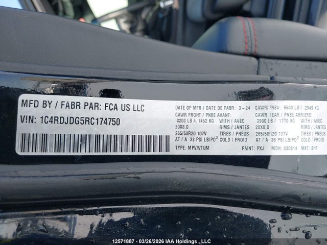 12571887 :رقم المزاد ، 1C4RDJDG5RC174750 vin ، 2024 Dodge Durango Gt مزاد بيع