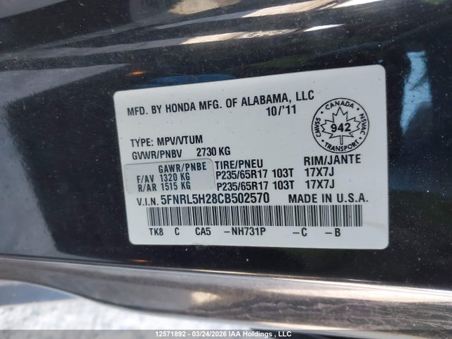 2012 Honda Odyssey Lx მანქანა იყიდება აუქციონზე, vin: 5FNRL5H28CB502570, აუქციონის ნომერი: 12571892
