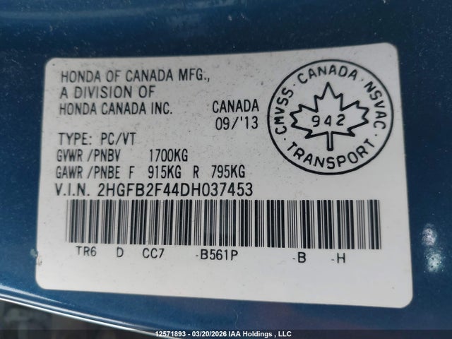12571893 :رقم المزاد ، 2HGFB2F44DH037453 vin ، 2013 Honda Civic Lx مزاد بيع
