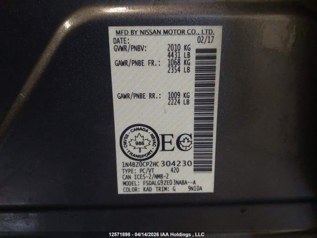 2017 Nissan Leaf S/sv/sl მანქანა იყიდება აუქციონზე, vin: 1N4BZ0CP2HC304230, აუქციონის ნომერი: 12571898