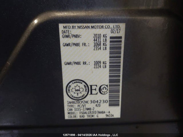 2017 Nissan Leaf S/sv/sl მანქანა იყიდება აუქციონზე, vin: 1N4BZ0CP2HC304230, აუქციონის ნომერი: 12571898