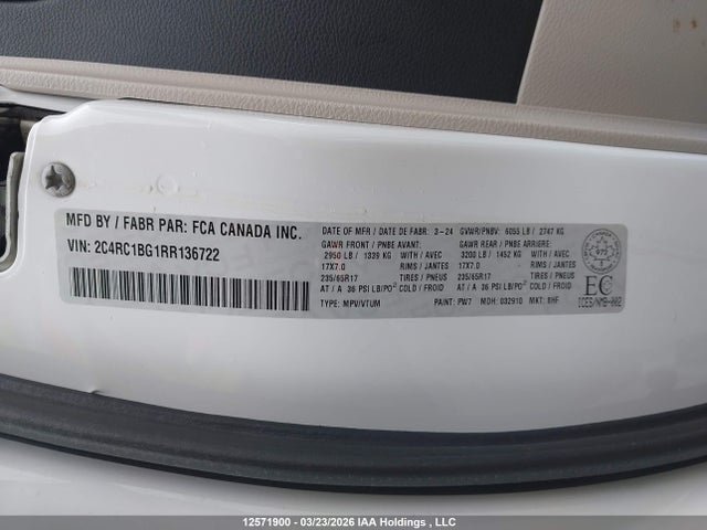 12571900 :رقم المزاد ، 2C4RC1BG1RR136722 vin ، 2024 Chrysler Pacifica Touring L مزاد بيع