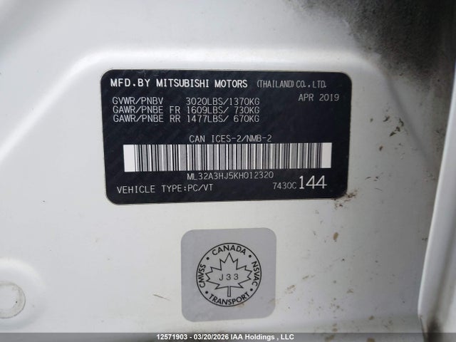 Aukcja sprzedaży 2019 Mitsubishi Mirage Es/rf, vin: ML32A3HJ5KH012320, numer aukcji: 12571903