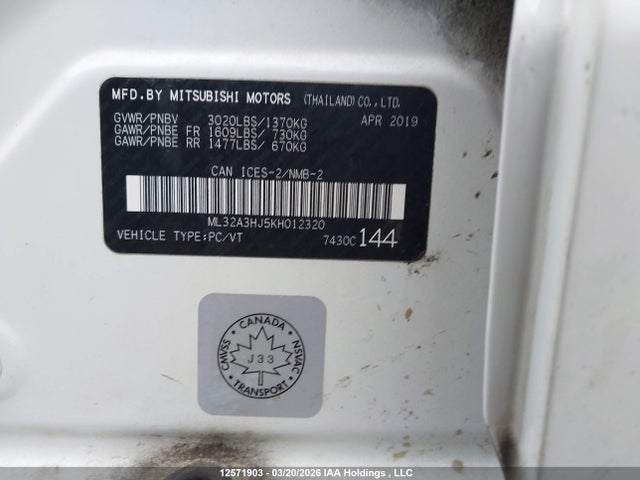 Aukcja sprzedaży 2019 Mitsubishi Mirage Es/rf, vin: ML32A3HJ5KH012320, numer aukcji: 12571903