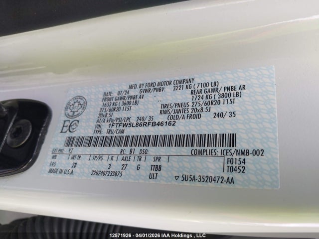 2024 Ford F-150 Lariat მანქანა იყიდება აუქციონზე, vin: 1FTFW5L86RFB46162, აუქციონის ნომერი: 12571926