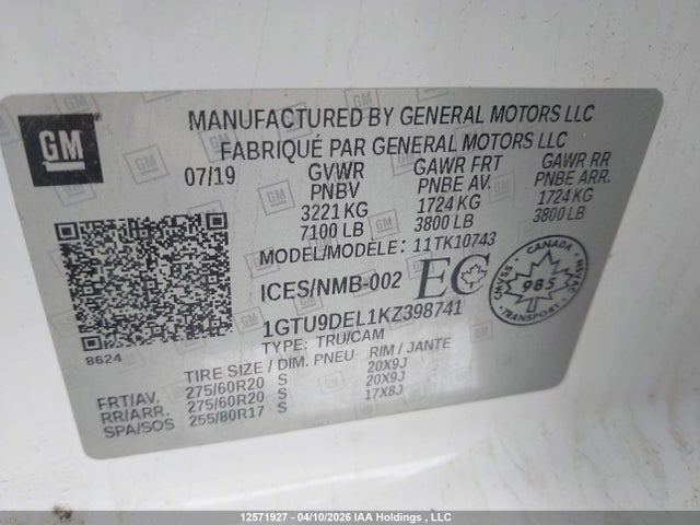 1GTU9DEL1KZ398741 GMC Sierra K1500 Slt