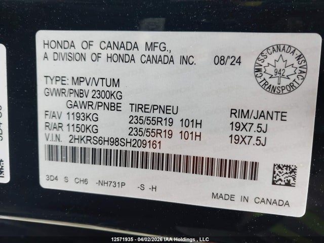 2HKRS6H98SH209161 Honda CR-V HYBRID