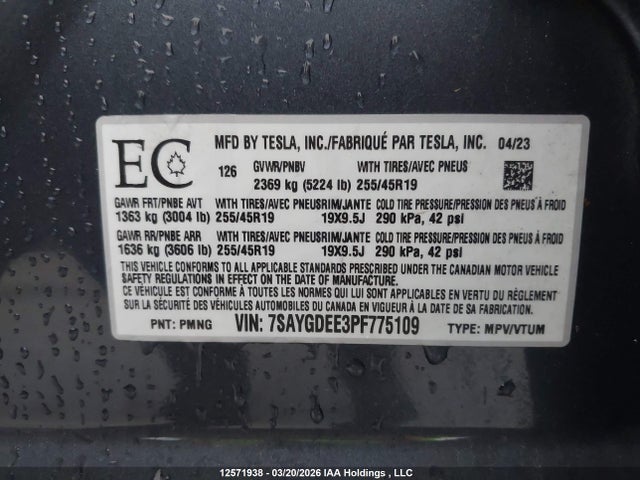 Продажа на аукционе авто 2023 Tesla Model Y Long Range, vin: 7SAYGDEE3PF775109, номер лота: 12571938