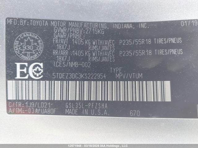 12571948 :رقم المزاد ، 5TDEZ3DC3KS222954 vin ، 2019 Toyota Sienna Se/se Premium مزاد بيع