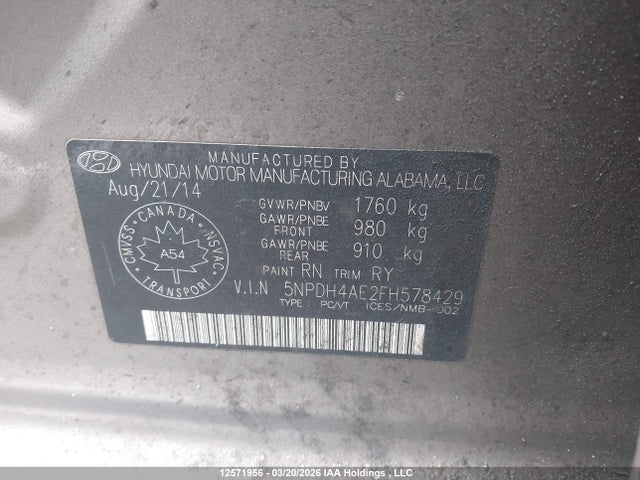 12571956 :رقم المزاد ، 5NPDH4AE2FH578429 vin ، 2015 Hyundai Elantra Se/sport/limited مزاد بيع