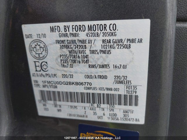 Продажа на аукционе авто 2011 Ford Escape Xlt, vin: 1FMCU0DG2BKB06770, номер лота: 12571957