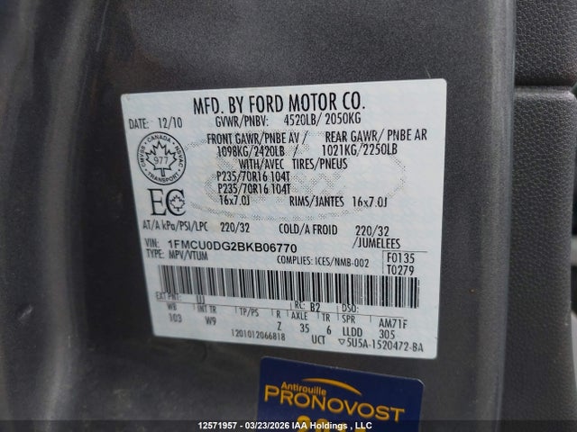Продажа на аукционе авто 2011 Ford Escape Xlt, vin: 1FMCU0DG2BKB06770, номер лота: 12571957