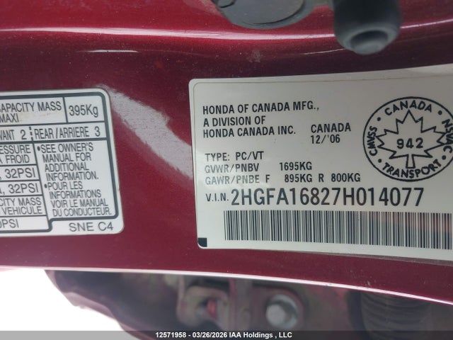 12571958 :رقم المزاد ، 2HGFA16827H014077 vin ، 2007 Honda Civic Ex مزاد بيع
