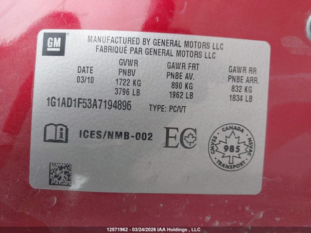 Продажа на аукционе авто 2010 Chevrolet Cobalt 1lt, vin: 1G1AD1F53A7194896, номер лота: 12571962