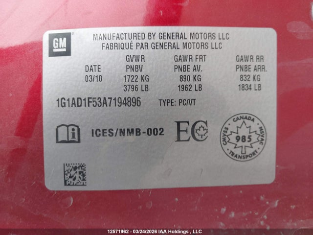 Продажа на аукционе авто 2010 Chevrolet Cobalt 1lt, vin: 1G1AD1F53A7194896, номер лота: 12571962