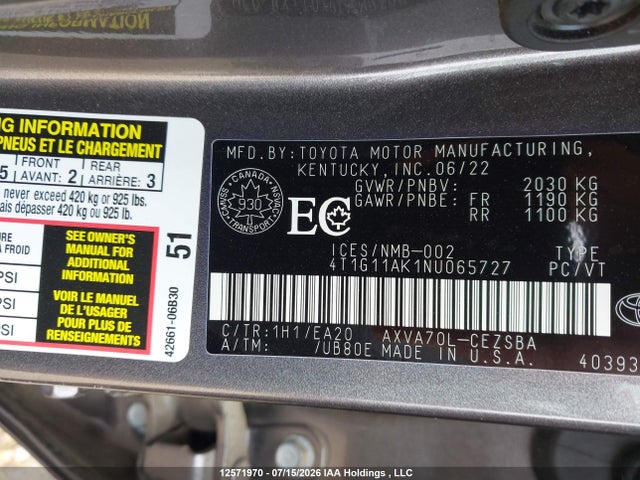 12571970 :رقم المزاد ، 4T1G11AK1NU065727 vin ، 2022 Toyota Camry Se مزاد بيع