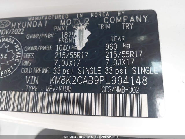 12572004 :رقم المزاد ، KM8K2CAB9PU994148 vin ، 2023 Hyundai Kona Preferred Awd مزاد بيع