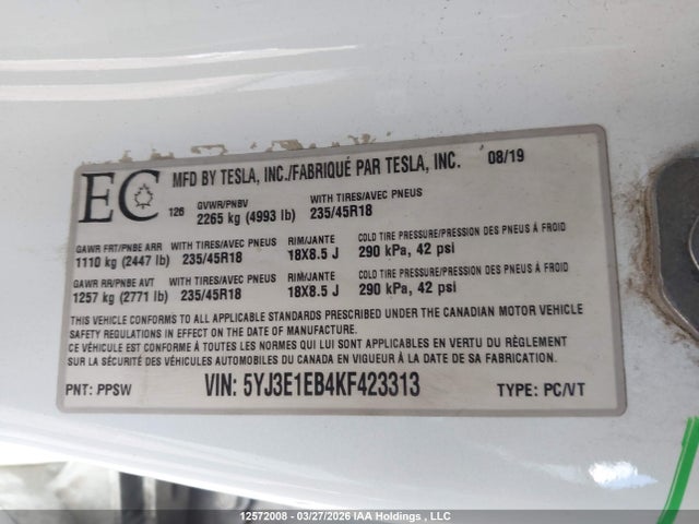 Aukcja sprzedaży 2019 Tesla Model 3 Long Range/performance, vin: 5YJ3E1EB4KF423313, numer aukcji: 12572008