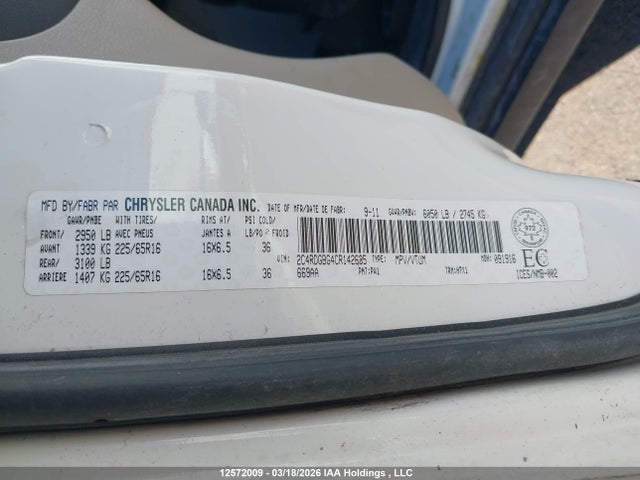 12572009 :رقم المزاد ، 2C4RDGBG4CR142635 vin ، 2012 Dodge Grand Caravan Se/sxt مزاد بيع