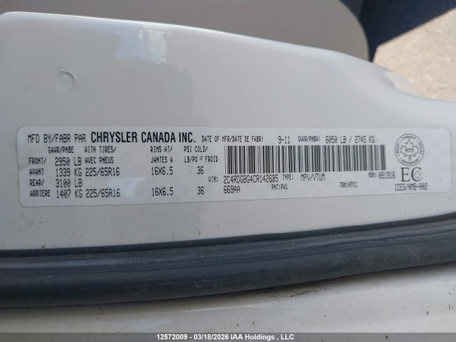 12572009 :رقم المزاد ، 2C4RDGBG4CR142635 vin ، 2012 Dodge Grand Caravan Se/sxt مزاد بيع
