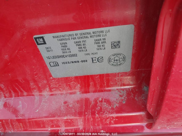 Aukcja sprzedaży 2012 Chevrolet Sonic Lt, vin: 1G1JC6SH9C4103862, numer aukcji: 12572011