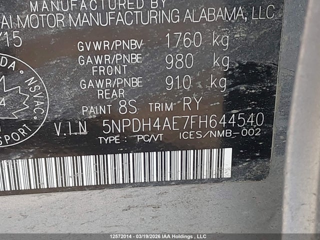 Продаж на аукціоні авто 2015 Hyundai Elantra Se/sport/limited, vin: 5NPDH4AE7FH644540, номер лоту: 12572014