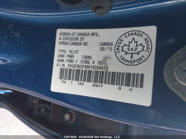 2015 Honda Civic Lx მანქანა იყიდება აუქციონზე, vin: 2HGFB2F49FH059435, აუქციონის ნომერი: 12572020