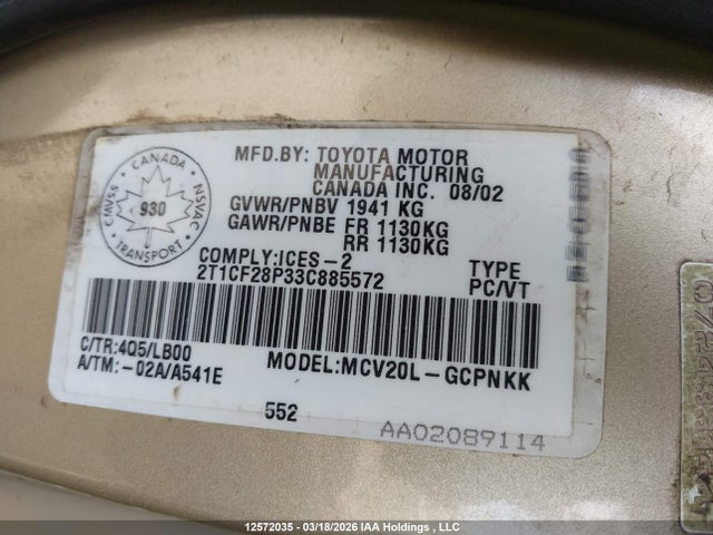 2003 Toyota Camry Solara Sle V6 მანქანა იყიდება აუქციონზე, vin: 2T1CF28P33C885572, აუქციონის ნომერი: 12572035