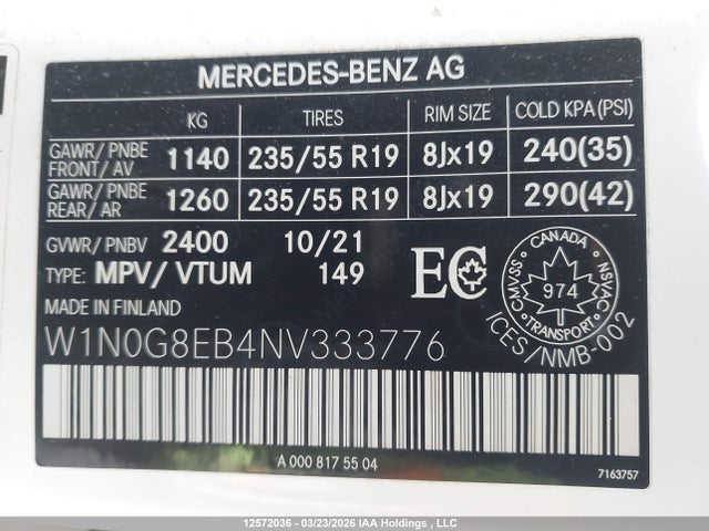 12572036 :رقم المزاد ، W1N0G8EB4NV333776 vin ، 2022 Mercedes-benz Glc 300 4matic مزاد بيع