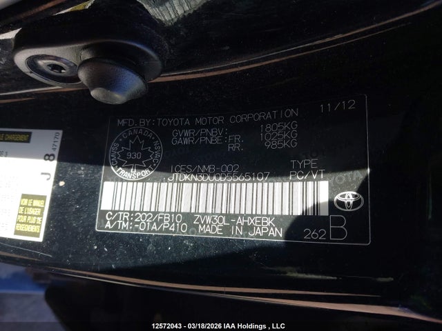 Aukcja sprzedaży 2013 Toyota Prius, vin: JTDKN3DU0D5565107, numer aukcji: 12572043