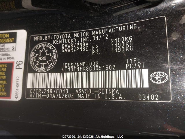 Продаж на аукціоні авто 2012 Toyota Camry Le, vin: 4T1BF1FK8CU051602, номер лоту: 12572050