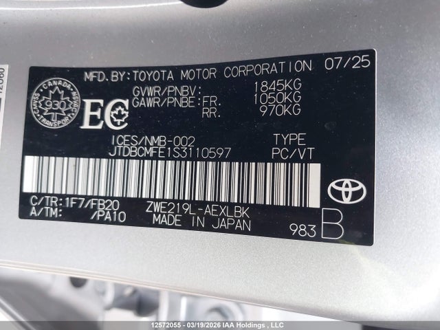 12572055 :رقم المزاد ، JTDBCMFE1S3110597 vin ، 2025 Toyota Corolla Le/se/xle مزاد بيع