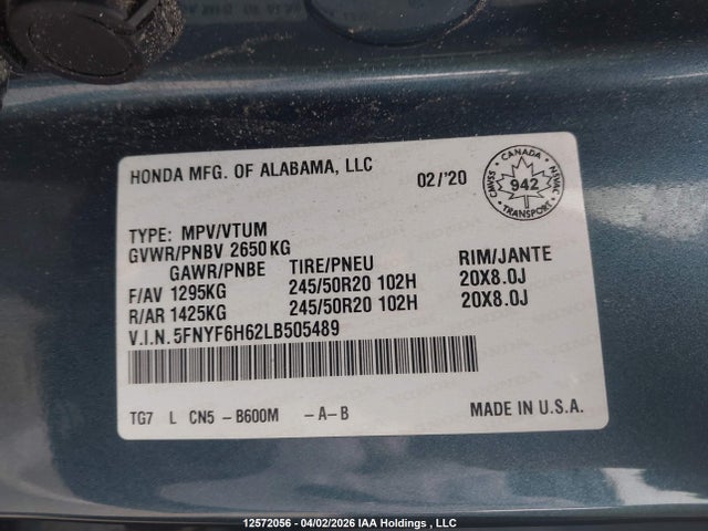 Aukcja sprzedaży 2020 Honda Pilot Touring 7p, vin: 5FNYF6H62LB505489, numer aukcji: 12572056