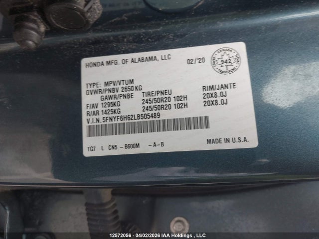 Aukcja sprzedaży 2020 Honda Pilot Touring 7p, vin: 5FNYF6H62LB505489, numer aukcji: 12572056