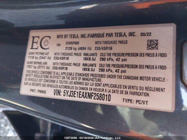 Aukcja sprzedaży 2022 Tesla Model 3, vin: 5YJ3E1EAXNF258010, numer aukcji: 12572058