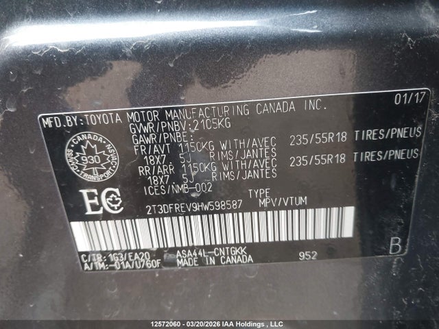 2017 Toyota Rav4 Limited/se/platinum მანქანა იყიდება აუქციონზე, vin: 2T3DFREV9HW598587, აუქციონის ნომერი: 12572060