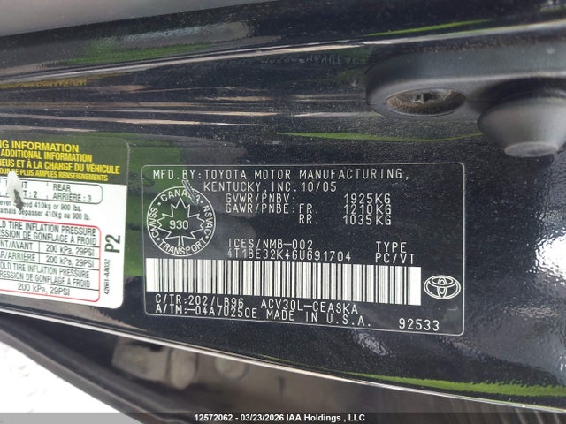 12572062 :رقم المزاد ، 4T1BE32K46U691704 vin ، 2006 Toyota Camry Le/se مزاد بيع