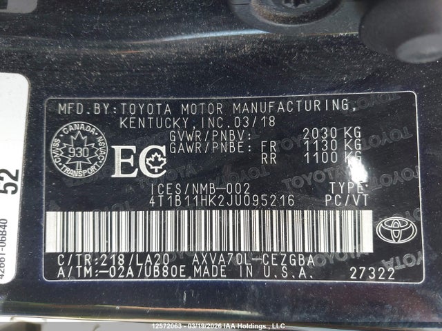 4T1B11HK2JU095216 Toyota CAMRY XLE